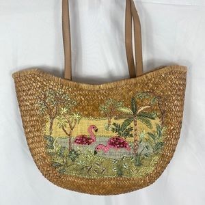 Cappelli Straw Hobo Purse Flamingo Palm Trees